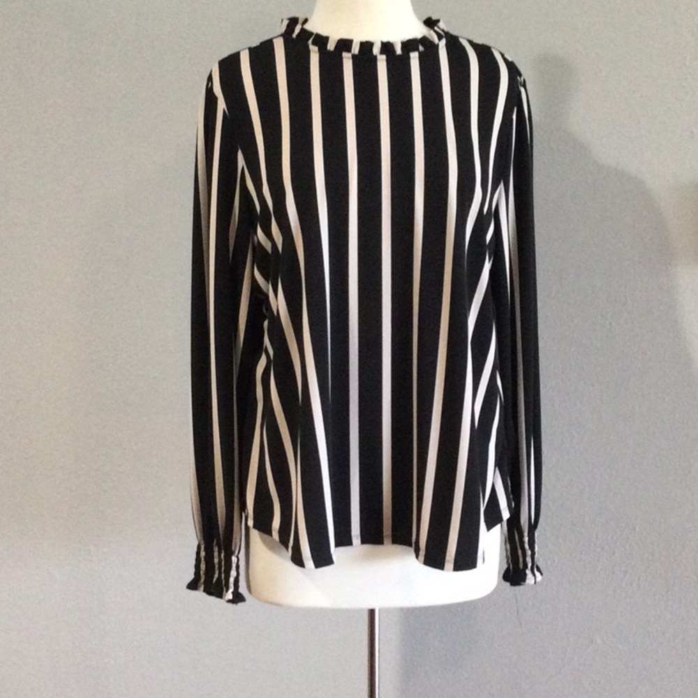 Adrianna Papell Black/Tan Smocked Cuff Long Sleeve Key Hole High Neck Blouse XL